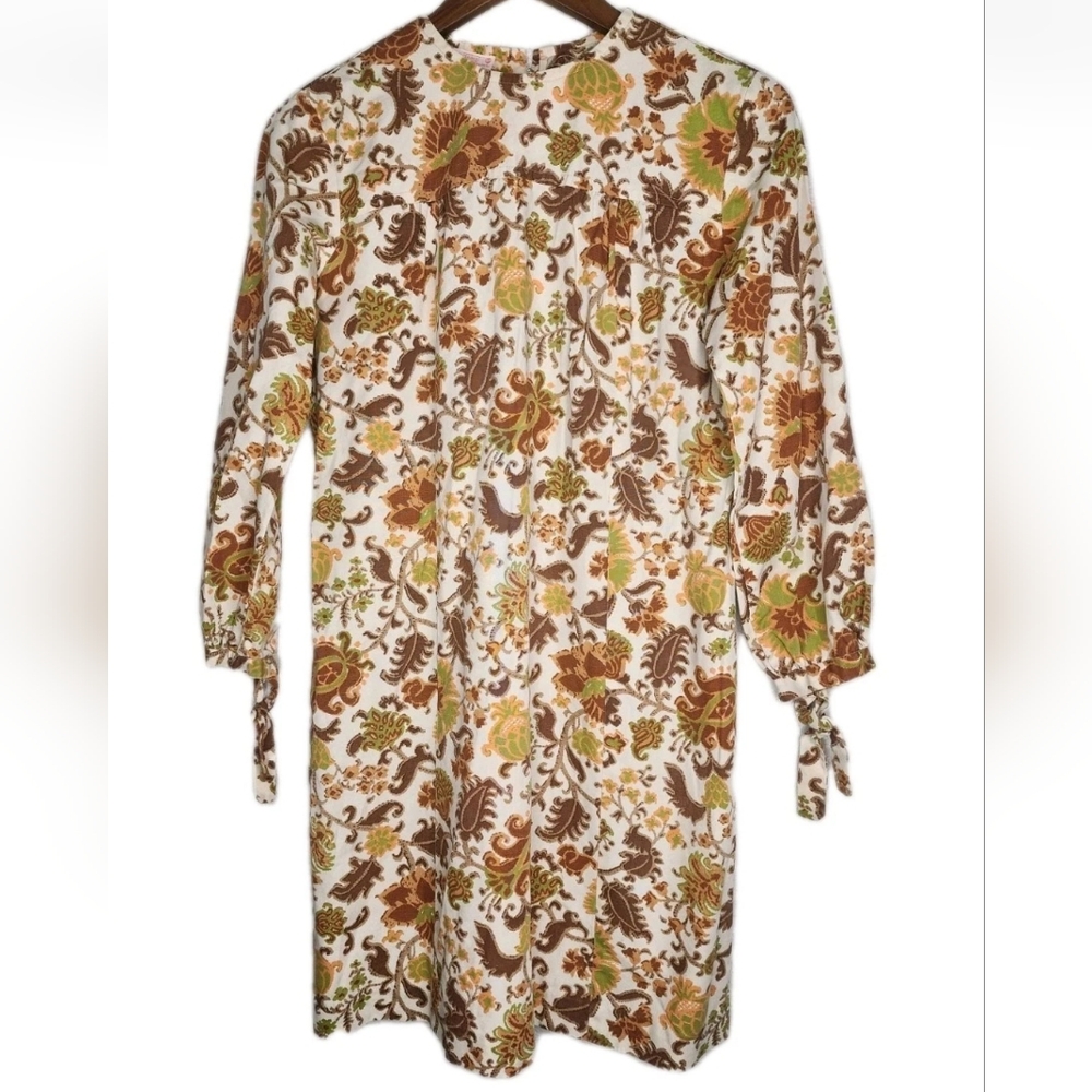 1960s Sears Jr Bazaar Cream and Brown Floral Paisley Print Vintage Dress Size 9P